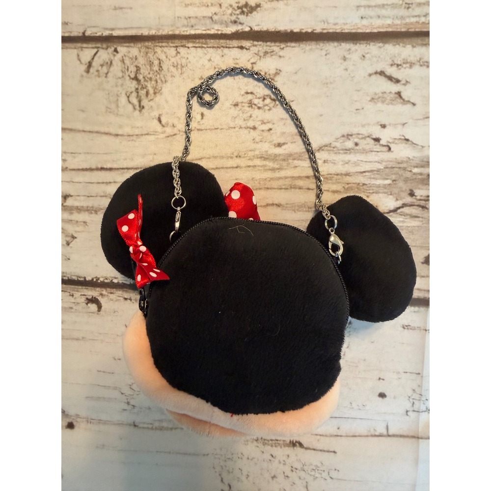 Disney Minnie Mouse Plush Coin Purse Crossbody Bag Red Polka Dot Bow Black Pink - Picture 2 of 3
